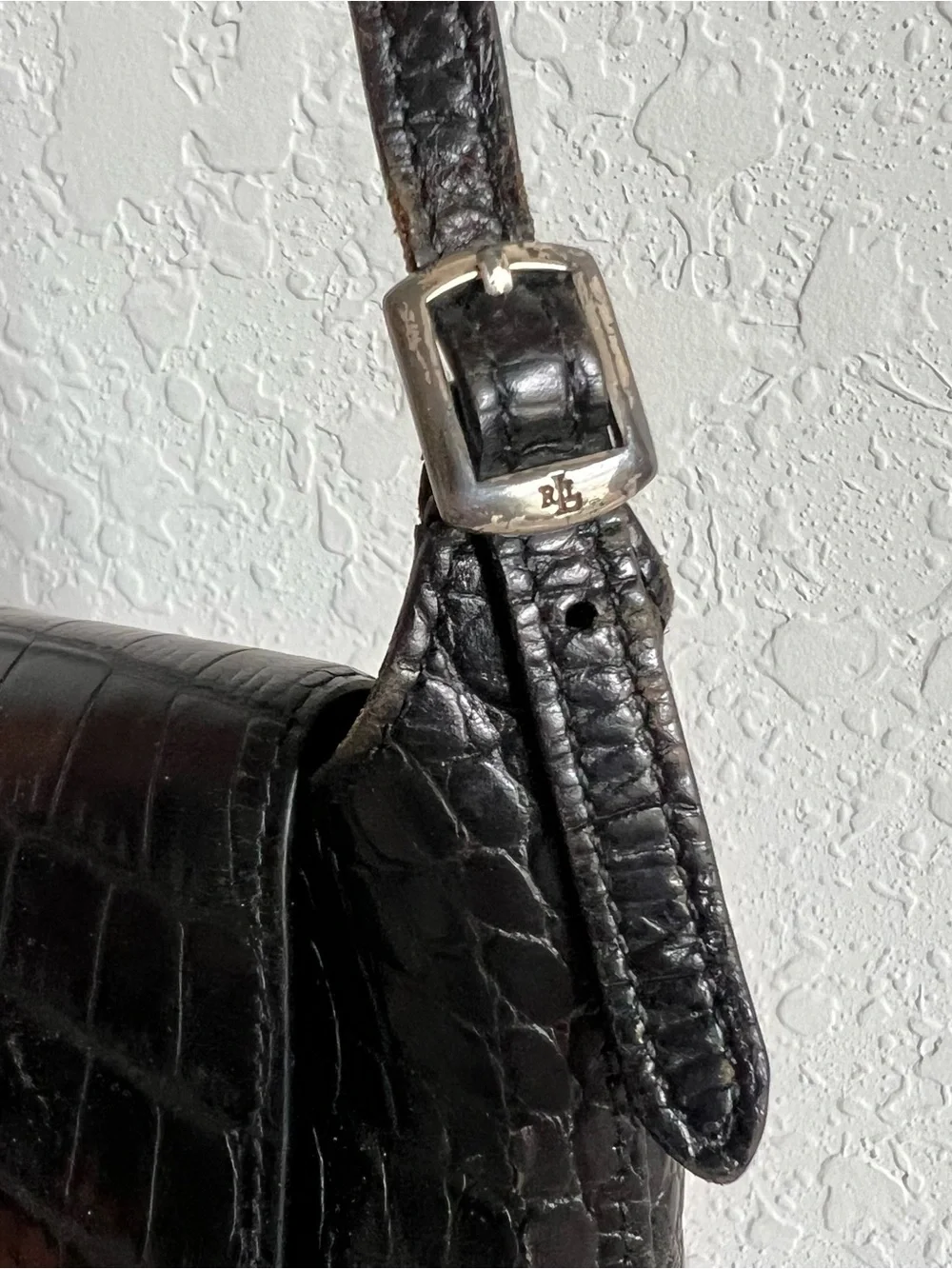 Lauren Ralph Lauren Black Croc-Embossed Leather Shoulder Crossbody Bag